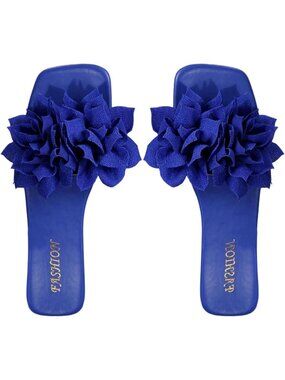 Women's Blue 3D Floral Square Open Toe Single Band Casual Slip on Flats Slides